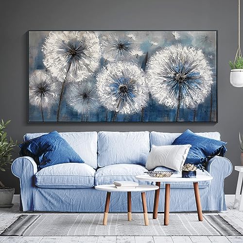 Image of Pogusmavi Dandelion Wall Art Blue Wall Decor Painting Living Room Plant Pictures Framed Paintings for Wall Decorations Artwork for Walls Dining Room Decor 29x58 Black Framed