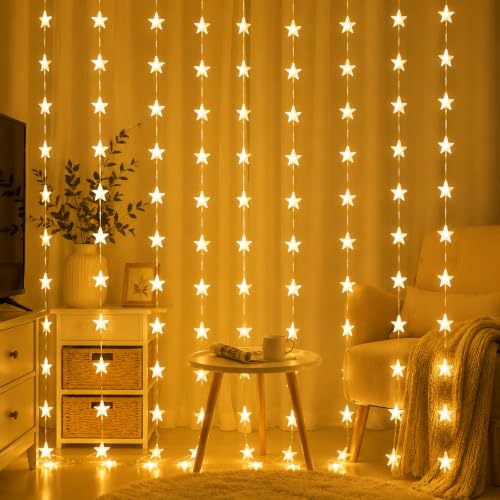Image of Quace 80 Led Mini Star Curtain Light 3x1 Meter - Warm White Decorative LED for Home, Party & Festival Decoration