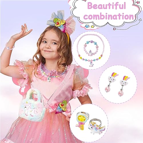 Image of SANNIDHI Unicorn Crossbody Bag with Jewelry Set for Girls, Princess Plush Handbag Purse Beads Necklace Bracelet Earrings Rings and Stickers Set