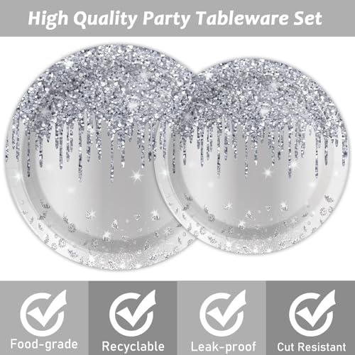 Image of 96 Pieces Silver Glitter Party Tableware Set for Denim and Diamonds Party Decorations Silver Plates and Napkins Forks Glitter Diamonds Theme Birthday Table Decorations for 24 Guests Parties Supplies