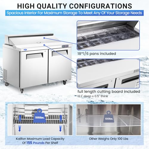 48" W 2 Door Refrigerator Sandwich Salad Prep Table Commercial Stainless Steel Fan Cooling Refrigerator with Cutting Board, 2 Shelves & 18 Pans for Restaurant, Bar, Shop-12.9 Cu.ft - Image 6