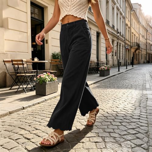Women's Corduroy Pants Scalloped Hem Brown Wide Leg Pants Casual Trousers - image 2