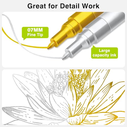 Image of SFAIH Gold & Silver Paint Markers Pens - 4 Pack 0.7MM Fine Tip Metallic Acrylic Markers for Card Making, Gift Decorating, Rock Painting, Detailed Art