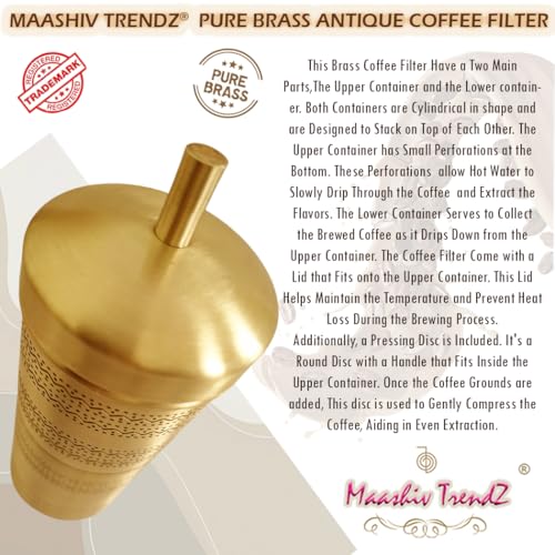 Image of Pure Brass Antique Coffee Filter /South Indian Traditional Coffee Filter /Etched Brass South Indian Coffee Filter /Embellished Heavy Duty Coffee Filter with Elegant Matt Finish