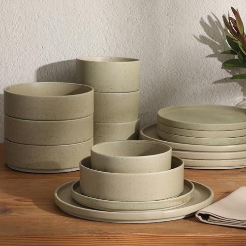 Image of Gibson Elite Tatum Premium Porcelain Matte Reactive Glaze 16-Piece (Service for 4) Plates and Bolws Stackable Dishes Ceramic Dinnerware - Green