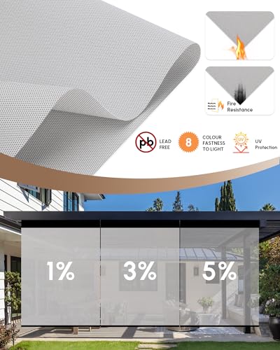 Image of Kincmo Motorized Outdoor Shades for Patio Porch, Custom Outdoor Motorized Blinds with Remote, Waterproof & Windproof Patio Shades Work with Apple Home,Alexa,Google (White Grey-1% Openness)