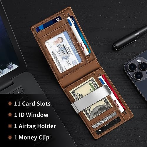 Mens Wallet Slim Bifold Wallet With Money Clip Genuine Leather Wallet RFID Blocking Minimalist Card Holder Wallet,11 Card Slots (Coffee)2