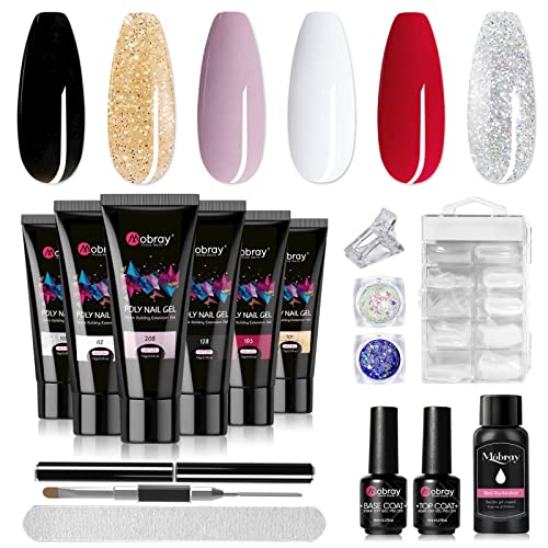Mobray Poly Ongles Gel 6 Couleurs, 15ml Noir Rouge D’extension Gel Kit D'ongles en Gel Nail Poly Tube Professionnel avec Slip Solution,Base coat Top Coat