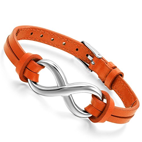 Flongo Lederarmband, Leder Echtleder Armband Armreifen Orange Infinity Unendlichkeit Zeichen Symbol Lieben Charme Verstellbaren Herren,Damen