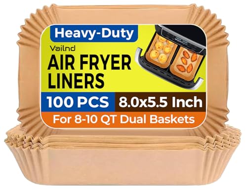 Vailnd Air Fryer Liners Disposable for Dual Basket, 100Pcs 8x5.5 Inch Rectangle Air Fryer Paper Liner for Ninja DZ201 DZ401, Chefman/COSORI 2-Basket Air Fryer, Oil Proof Parchment Paper