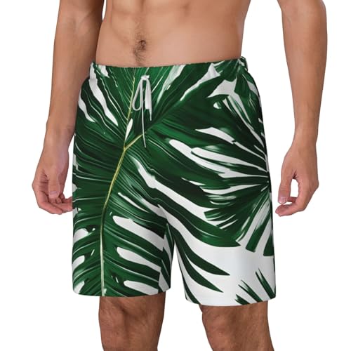 Green Palm Leafs Print Mens Swim Shorts Trunks Inseam Compression Liner Quick Dry Zipper Pocket2