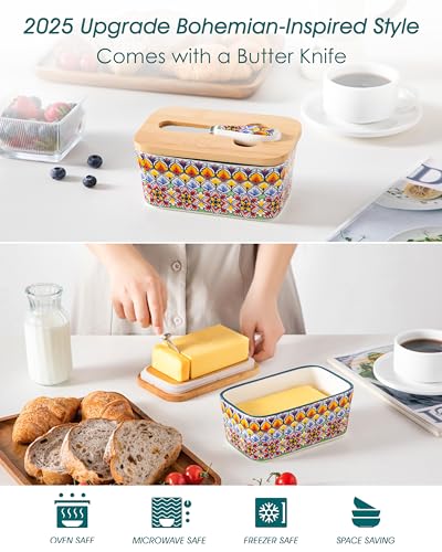vancasso SIMI Butter Dish with Lid, 6.5" Large Butter Dish for Countertop, Bohemian Ceramic Butter Keeper Container with Knife and Bamboo Lid, Butter Holder for Counter, Golden Bloom — view 4