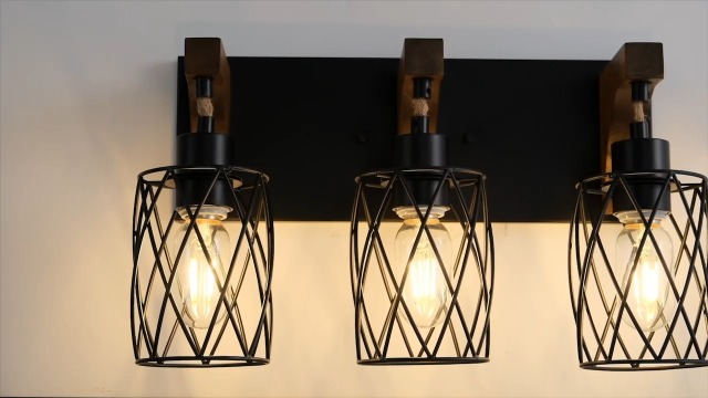 Image of 4-Light Farmhouse Bathroom Vanity Light, Wood Bathroom Lighting Fixtures Over Mirror, Black Bathroom Light Fixtures with Cage Metal Shade, Rustic Vanity Light with E26 Base