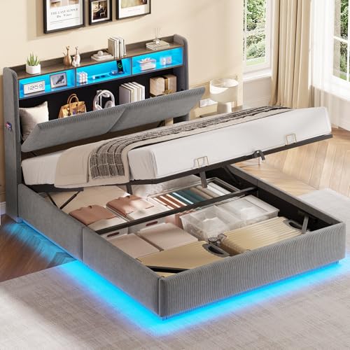 Hydraulisches Stauraumbett mit LED Beleuchtung und Steckdosen,Polsterbett mit Stauraum Kopfteil Jugendbett Betten mit HolzLattenrost & USB-Ladefunktion,Ohne Matratze (Dunkelgrau Cord, 140x200cm)