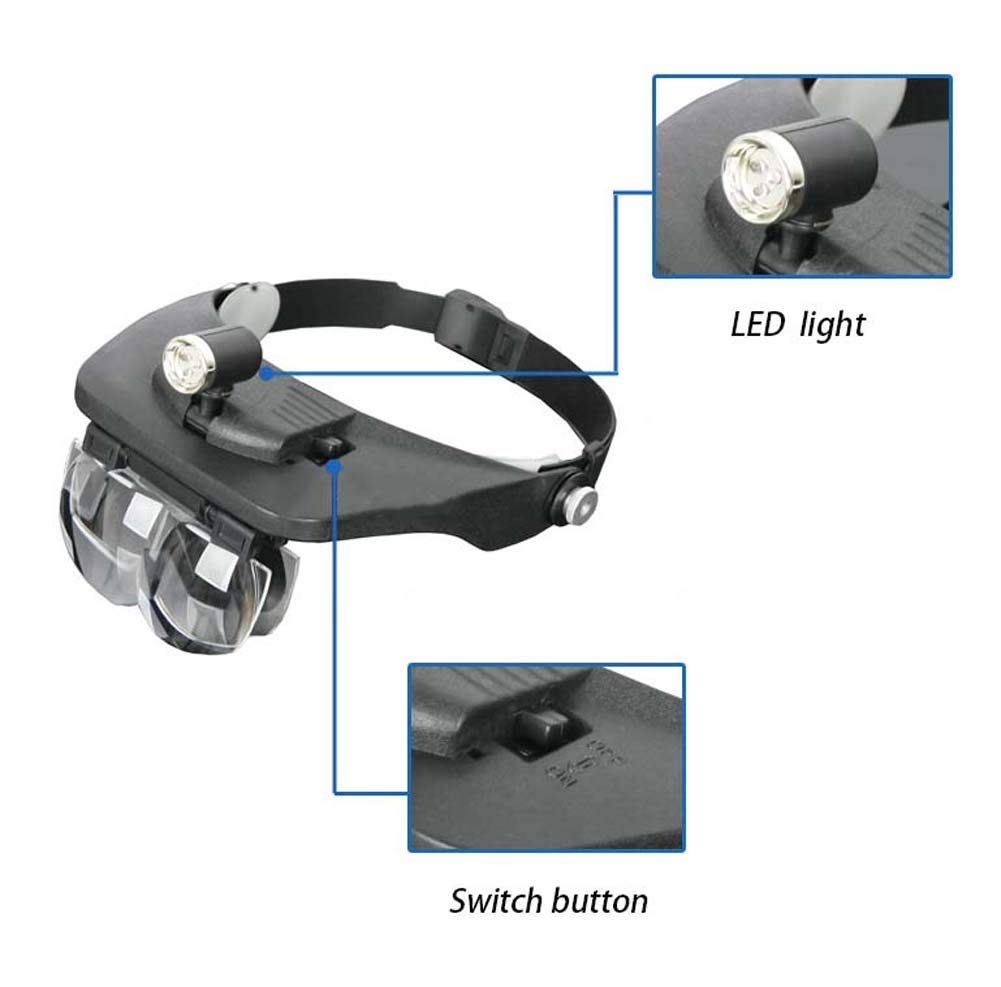 Lupa montada en la cabeza, lupa manos libres con luz LED, 4 lentes desmontables para leer, joyas, relojes y reparación electrónica,