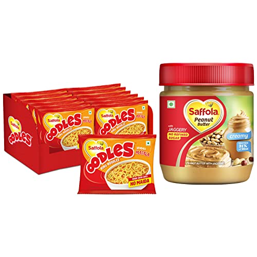 Image of Saffola Oodles, Instant Noodles, Ring Shape, Yummy Masala Flavour, No Maida, Whole Grain Oats, 12 x 53g & Saffola Peanut Butter with jaggery, No Refined Sugar, Creamy, 23.4g Protein, 350g Jar