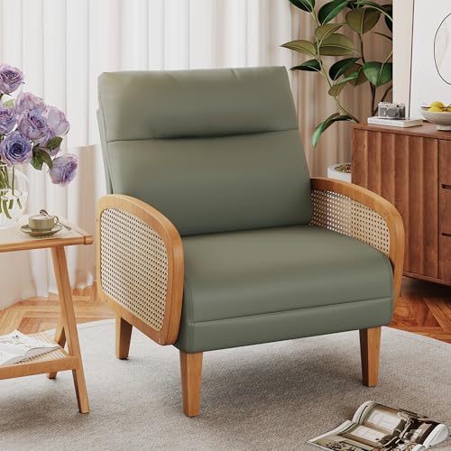 Andeworld Accent Chair,Upholstered Modern Living Room Chairs with Natural Rattan Arm, Faux...