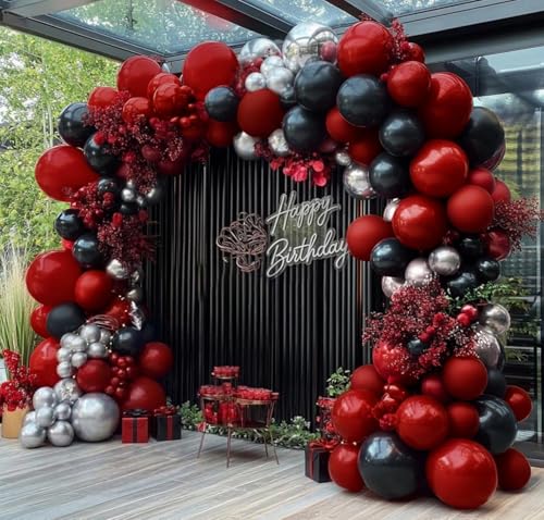 Image of Red Black Balloon Arch, Double Stuffed Dark Ruby Red Black Silver Balloon Garland Kit Burgundy Maroon Balloons for Birthday Wedding Valentines Day Baby Shower Engagement Graduation Party Decor