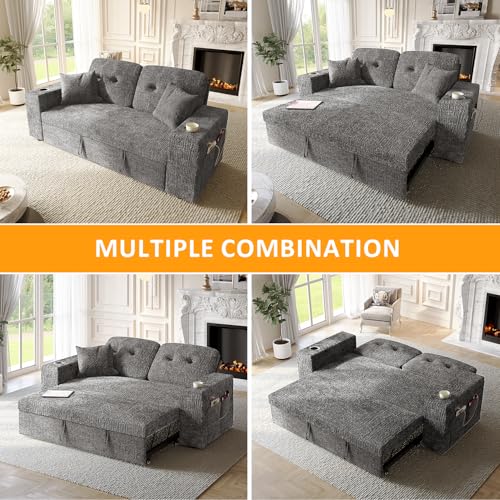 Image of 63 Inch Sleeper Sofa Bed, 3 in 1 Pull Out Couch Bed with Reclining Backrest, Small Loveseat with Wide Armrest | USB Charging | Side Pockets | Cup Holders | Tool Free Assembly, Grey
