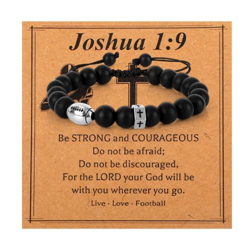 Mikovivi Bracelet Football, Ajustable en Forme de Croix Bracelet Rugby à Perles avec Carte pour Fils Petit-Fils Joueurs et Supporters (Noir Mat)