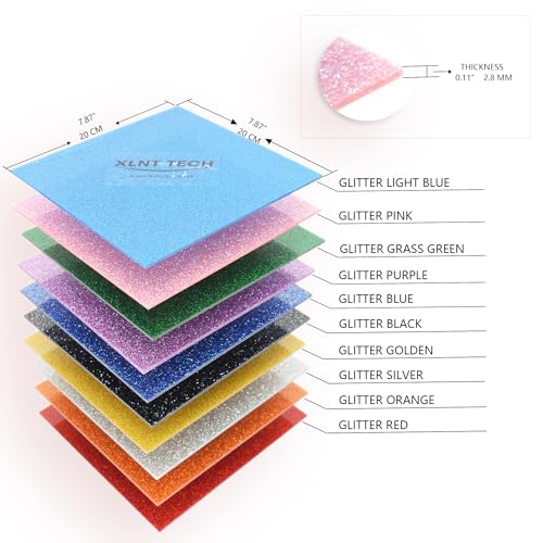 Image of Glitter Acrylic Sheets 1 /8 inch Thick 8 x 8 Inch for Laser Cutting and Engraving Plastic Sheet Materials, Glitter Plexiglass Sheets for Crafts and DIY Project. (10, 10 Colors, 8 inch x 8 inch)