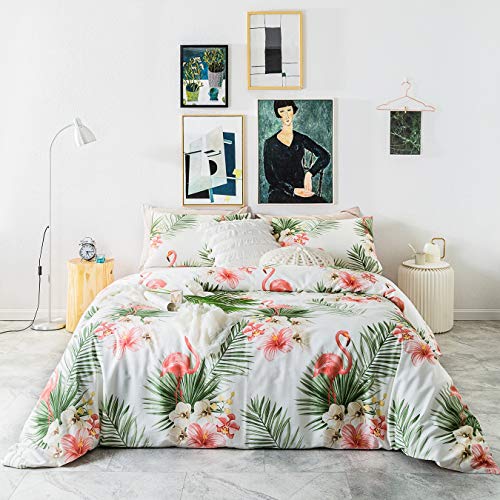 Hot Deals SUSYBAO 3 Piece Duvet Cover Set 100% Egyptian Cotton King Size Flamingo Print Bedding Set 1 Green Tropical Leaves Duvet Cover with Zipper Ties 2 Pillowcases Luxury Quality Ultra Soft Breathable Comfy