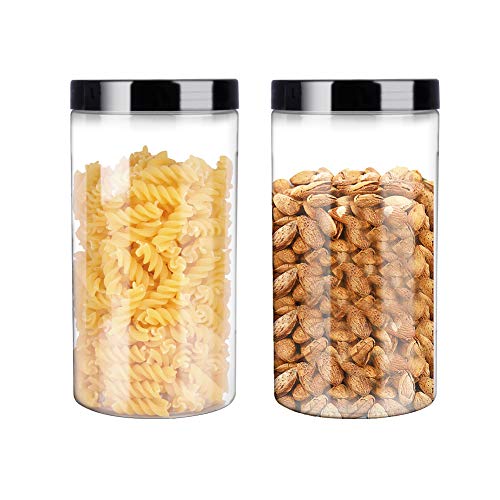 6 Pack 32oz / One Quart Clear Plastic Jars with Black Ribbed Lids. BPA Free PET Food Canisters for Kitchen & Household Storage of Dry Goods, Peanut Butter,Nuts,Cookie,Pie and More.