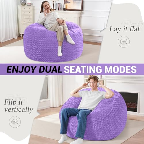Image of 3FT Bean Bag Chair,Giant Bean Bag Chairs for Adults,Big Bean Bags with Memory Foam Filled, Large Beanbag Chairs with Chevron Plush Cover-Purple