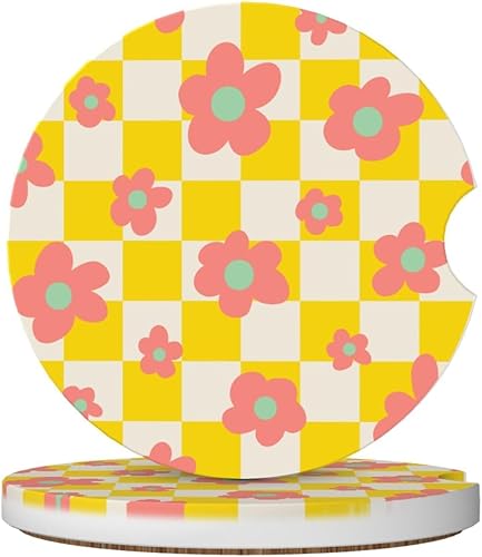 Miniatura 31 de Posavasos florales verdes y blancos para portavasos de automóvil, paquete de 2 posavasos para automóvil, posavasos absorbentes de cerámica con