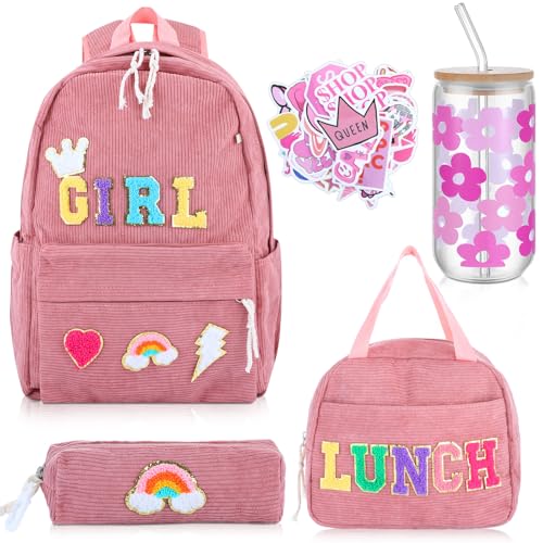 5 Pcs Preppy Corduroy Kids' Backpacks Set for Girls School Cute Pink Backpack Foldable Lunch Bag Pencil Case and Paper Back to School Bookbags Set