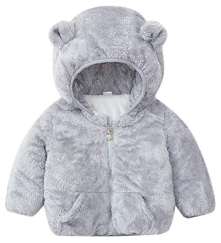 TAOHONG Little Kids Bear Ears Long Sleeve Jacket Hooded Coral Fleece Winter Coat Outerwear Gray