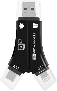 PCATEC SD Card Reader, Lightning & iPhone/TYPE-C/USB-A & USB 2.0/Micro USB & OTG, 4-in-1, 10Gbps, High Speed Transfer, SD/SDHC/SDXC, Micro SD/MicroSDXC, SD Card Camera Reader for Android/Windows/Linux/IOS/Mac Black