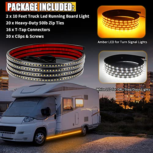 2Pcs Led Running Board Lights 10 Feet Led Side Maker Light With 360 Leds Sequential Amber Turn Signal Lights ＆ White Courtesy Light 12V-14V Emergency Led Lighting Strips Extended Crew Cab Rv Trailer #TOP6