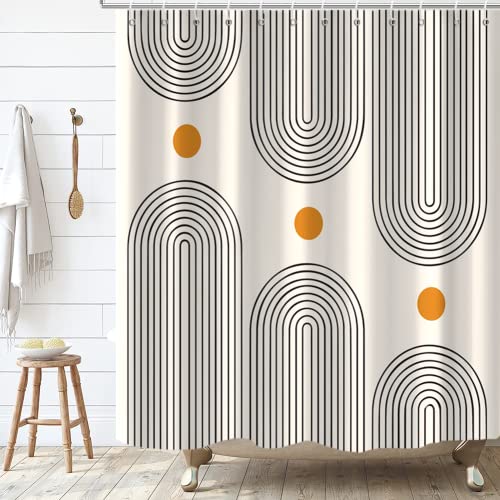 Boho Mid Century Modern Shower Curtain - Minimalist Waterproof Fabric with 12 Hooks, 72x72, for Bathroom Decor