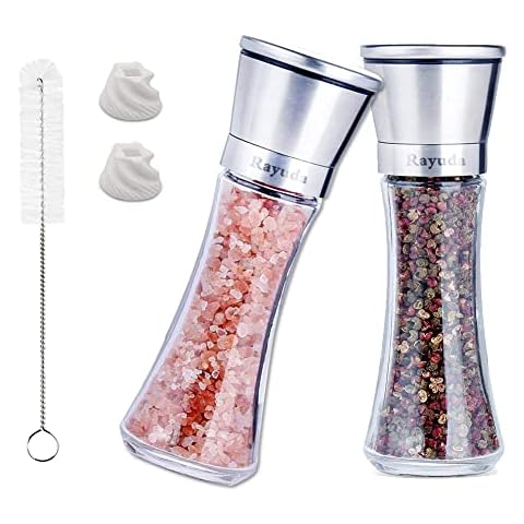 Rayuda Salt and Pepper Mill Set with Adjustable Non-Corrosive Ceramic Grinder and 304 Stainless Steel, Glass Body. Contains 2 Spare Ceramic Cores and a Brush, No Salt and Peppercorns Type-B (2 PCS) Cover