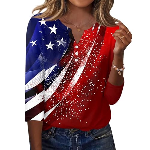 Image of 4th of July Shirts Women 3 /4 Length Sleeve Womens Tops Henley Neck Casual Patriotic T Shirts
