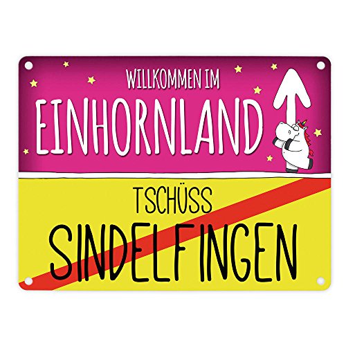 Preisvergleich Produktbild trendaffe Willkommen im Einhornland - Tschüss Sindelfingen Einhorn Metallschild
