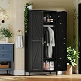SUPEER Metal Wardrobe Cabinet with Hanging Rod,Metal Wardrobe Closet with Doors and Adjustable Shelves, Armoire Closet for Bedroom,Home,H70.9 X W31.5 X D17.7,Installation Required,Black