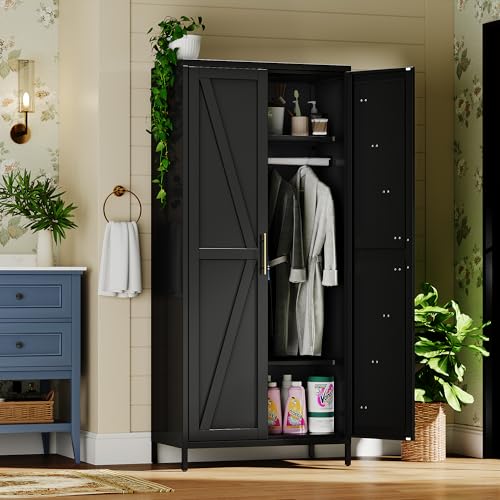 SUPEER Metal Wardrobe Cabinet with Hanging Rod,Metal Wardrobe Closet with Doors and Adjustable Shelves, Armoire Closet for Bedroom,Home,H70.9 X W31.5 X D17.7,Installation Required,Black