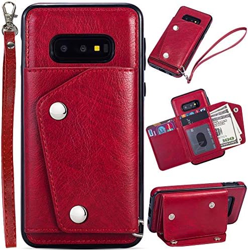 KUDEXSamsung S10e Case Wallet Card Holder, Leather Folio Flip Full Body Protective Back Case Cover [Stand Feature] Wrist Strap & [4-Slots] ID&Credit Cards Pockets for Samsung Galaxy S10e (Red)