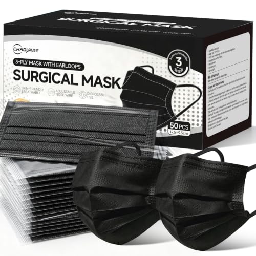 CHAOYA 50Pcs Surgical Masks Black Disposable Face Masks 3-Ply Breathable Mask For Adults Great For Outdoors Home Office School