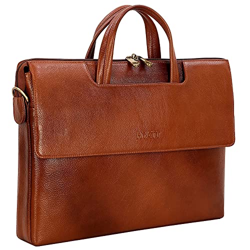 Image of RICHSIGN LEATHER ACCESSORIES Full Grain Natural Leather Laptop Messenger & Shoulder Bags for Men Women Office Briefcase Branded Stylish..Dimensions: L-14 x H- 12 x W- 2 Inch (Weight=900 GR)