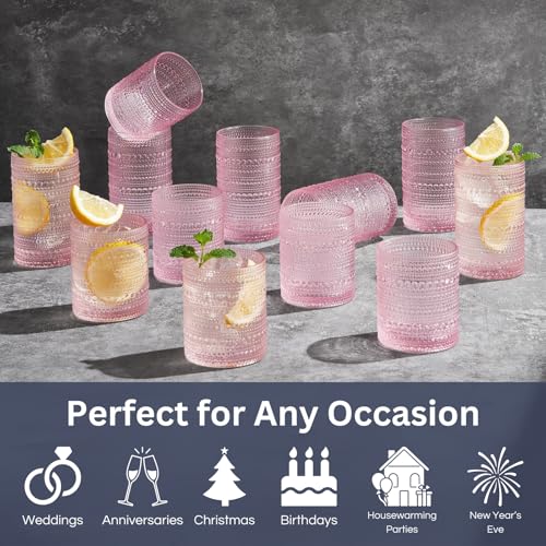 Image of Khen Hobnail Beaded Highball Drinking Tumbler Glasses | Set of 12 | Pink Blush Color, Vintage Bubble Design Whiskey Glassware, Old-Fashioned, Embossed Design for Water, Wine, Cocktail, Rocks Glass