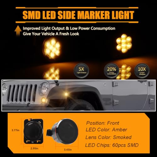 Image of LED Turn Signal & Side Marker Lights for 2007-2019 Wrangler JK, [Upgraded] Smoked Lens Side Bumper Marker Lamps, JK Amber LED Side Markers Turn Signal Lights, 4 PCS