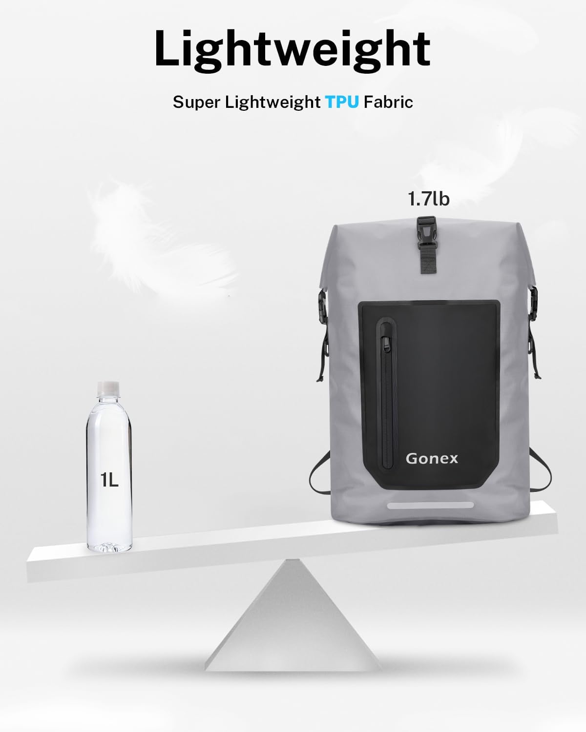 Gonex Ultralight Waterproof TPU Backpack, 55L Roll Top Dry Bag with Comfortable Padded Back Panel for Kayaking Boating Camping Fishing Travel,Grey