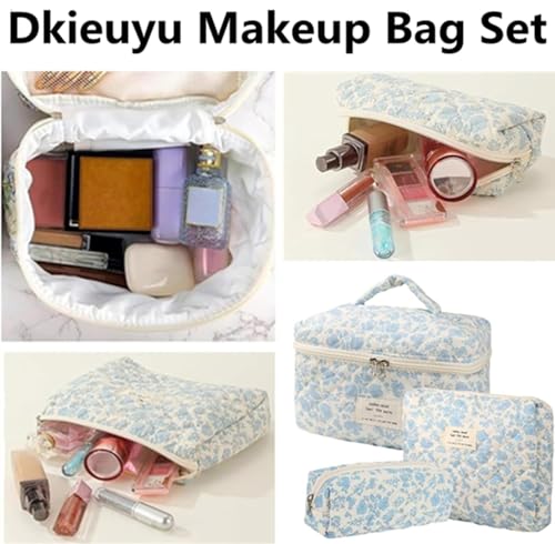 3Pcs Cotton Quilted Makeup Bag Set, Cute Floral Makeup Bags, Large Travel Coquette Make up Bag Cosmetic Bag Toiletry Organizer Bag for Women Girls (A)2