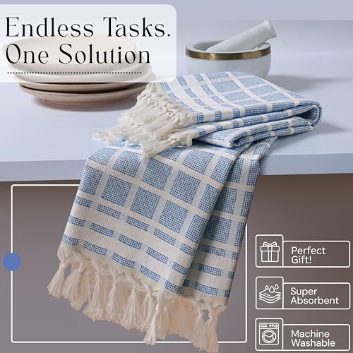 Image of Matrix Dobby Kitchen Towels 4 Pack, 100% Cotton, 16x26 Inches, Handmade Knotted Tassel Dish Towels, Quick Dry, Durable, Absorbent and Reusable Cleaning Cloths - Sky Blue, Natural
