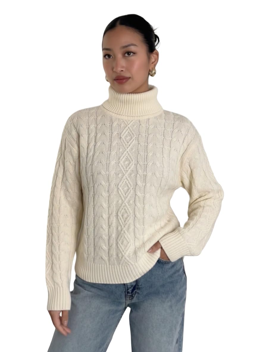 Women Cable Knit High Neck Sweater Full Sleeves Warm Winter Pullover Soft Woolen Slim Fit Stylish Knitwear for Girls Office Casual Elegant Winter Top-image-13