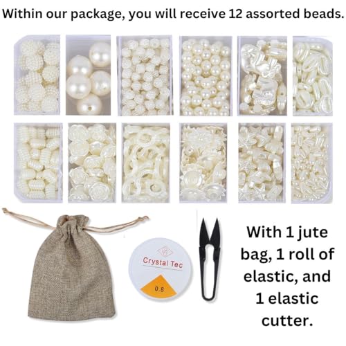 Image of Ambitieux Bracelet Craft Kit 12 Types of Pearl 900+ pcs of Plastic Beads Set with Elastic,Jute Bag and Thread Cutter - Perfect for Crafting (Pearl)