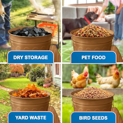 Image of Plexon 13 Gallon Metal Trash Can with Lid Outdoor Vintage Trash Can Steel Retro Garbage Can for Kitchen Farmhouse Rustic Bird Seed Storage Pet Food Cute Bucket, Brown 2 Pack